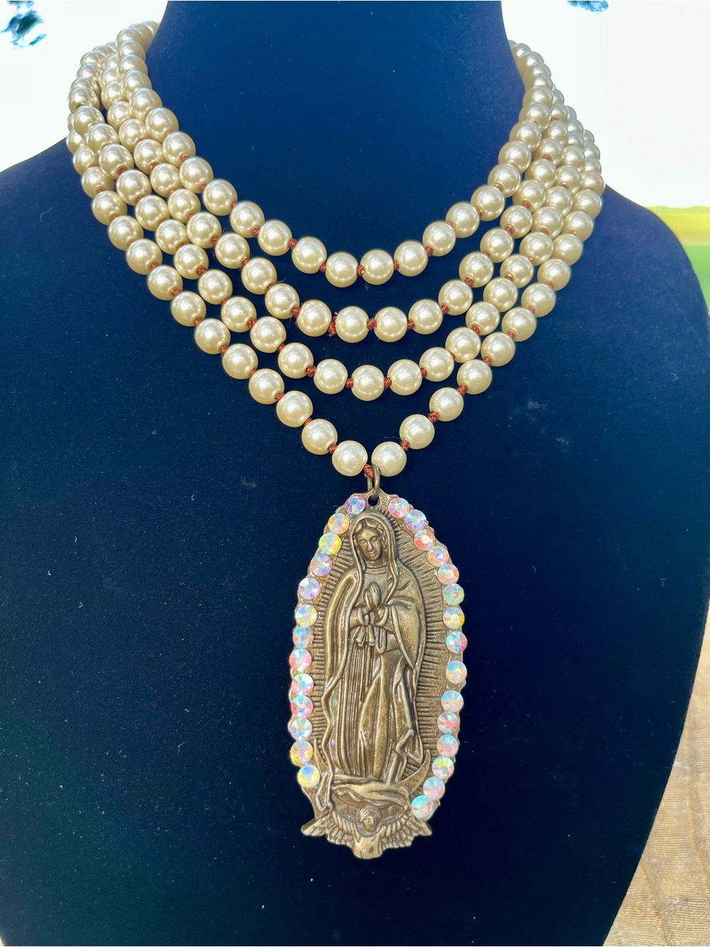 Gold Pearl Multi-Strand Necklace with Religious Pendant